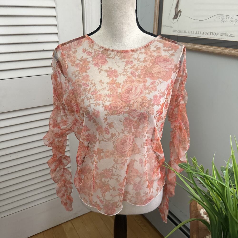 Zara Top Womens Medium Pink Floral Sheer Meshed Ruched Sleeve Dainty Fairy Twee